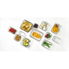 Glasslock 24-piece food storage set with glass containers of chips oranges avocado mango berries and vegetables