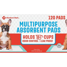 Members Mark 120 count multipurpose absorbent training pads packaging with puppies holds 8 plus cups odor control leak proof