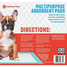 Members Mark pet pad package with puppy image and usage directions for multipurpose absorbent training pads