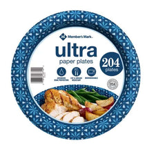 Members Mark blue patterned pack of 204 ultra dinner paper plates 10 inch showing roasted chicken and sides