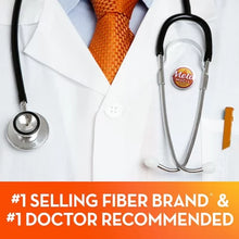 Doctor wearing white coat with stethoscope and Metamucil badge promoting Metamucil fiber gummies no sugar added