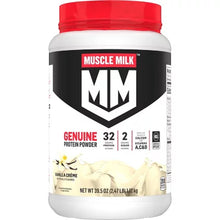Muscle Milk Genuine 32g protein powder vanilla flavor in a white container with a red lid