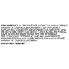 Ingredients label for Muscle Milk Pro Series 50G protein powder listing milk protein isolate and other ingredients