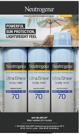 Neutrogena Ultra Sheer Body Mist Sunscreen Spray, SPF 70, 5 oz., 3 pk.