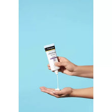 Hands applying Neutrogena Ultra Sheer sunscreen 3 pack with broad spectrum SPF 55 on a blue background