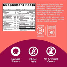 OLLY women's multivitamin gummies supplement facts label with natural flavors gluten free no artificial colors icons