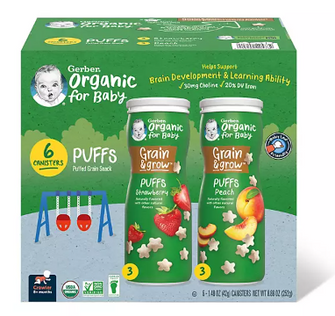 Gerber Organic Grain & Grow Cereal Puffs Variety Pack, Peach and Strawberry, 1.48 oz., 6 pk.