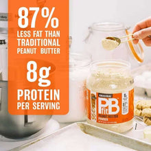 Jar of gluten-free peanut butter powder with measuring spoon and baking ingredients on kitchen counter