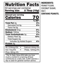 Nutrition facts label showing calories and ingredients of gluten-free peanut butter powder