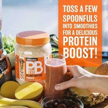 Gluten-free peanut butter powder jar with smoothie and fresh fruits for a protein boost