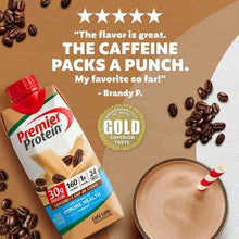 Premier Protein Cafe Latte shake carton with coffee beans and a glass of creamy shake with straw