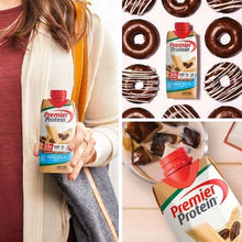 Premier Protein Cafe Latte shake with 30g protein shown in hand, next to chocolate donuts and close-up of pouring shake