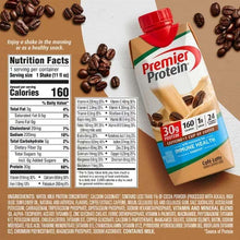 Premier Protein Cafe Latte shake carton with nutrition facts and coffee beans on a beige background