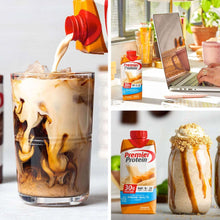 Premier Protein caramel shake 15 pack with creamy caramel shake being poured over ice and individual cartons displayed