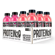 Protein2O variety pack 12 pack with pink protein infused water bottles in a white box