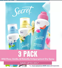 Secret Dry Spray Women's Antiperspirant Deodorant, Vanilla, Wild Rose & Waterlily, 4.1 oz., 3 pk.