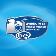 Liquid fabric softener label showing compatibility with all washing machines including HE models