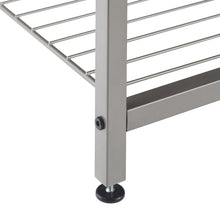 Close-up of metal leg and lower wire shelf of shoe bench with boot storage by Brands For Less USA