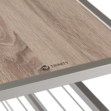 Close-up of Brands For Less USA shoe bench with boot storage featuring wood top and metal frame