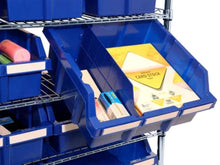 Brands For Less USA 24-bin rolling storage rack wire shelving with blue plastic bins holding cardstock and small supplies