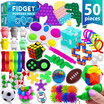 Zen Laboratory colorful 50 piece fidget toys pack for kids with pop its cubes spinners and squishy toys