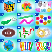Zen Laboratory fidget toys pack for kids with Rubik cube squishy animals pop tubes koosh balls stretchy bands puzzles globe