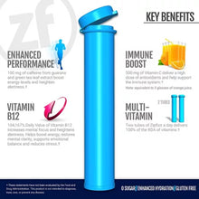 Zipfizz energy drink mix combo pack blue tube highlighting key benefits like enhanced performance immune boost vitamin B12 and multivitamin support