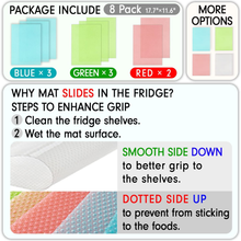 Brand For Less Usa 8 pack refrigerator shelf liners washable blue green red with grip guide smooth side down dotted side up